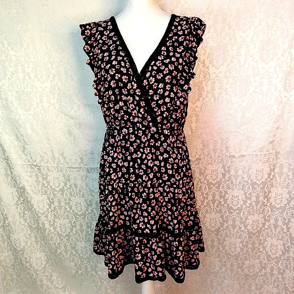 Maurices black with pink flowers sleeveless ruffled top and bottom dress M